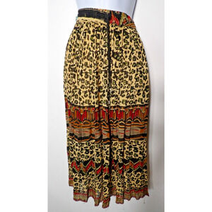 Pink Apple Large Midi Skirt Pleated Boho Leopard Print Pull On Raw Hem READ